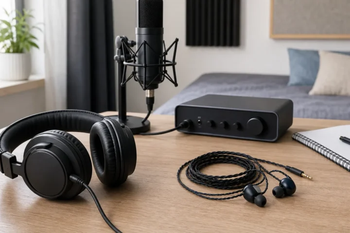 Home vocal recording desk comparing closed-back headphones and wired in-ear monitors
