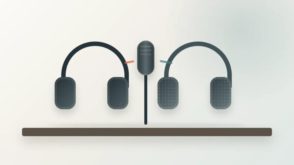 Closed-back and open-back headphone choices beside a vocal microphone for home recording