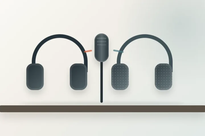 Closed-back and open-back headphone choices beside a vocal microphone for home recording