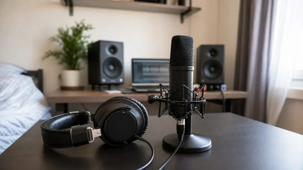 Closed-back headphones beside a vocal microphone with small studio monitors in a bedroom recording setup