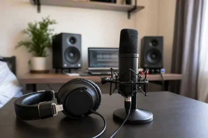 Closed-back headphones beside a vocal microphone with small studio monitors in a bedroom recording setup