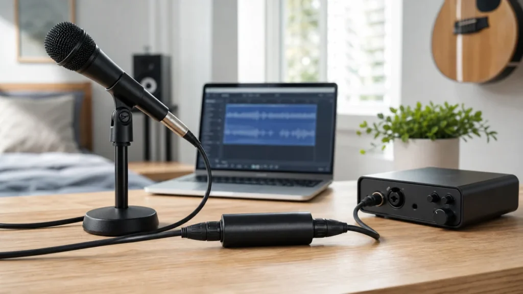 Inline microphone booster setup between dynamic vocal microphone and audio interface