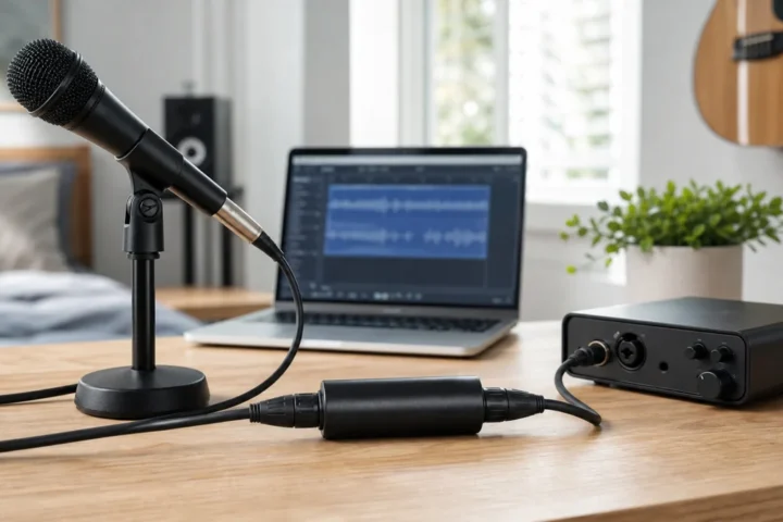 Dynamic vocal microphone connected through an inline gain booster for a home recording setup
