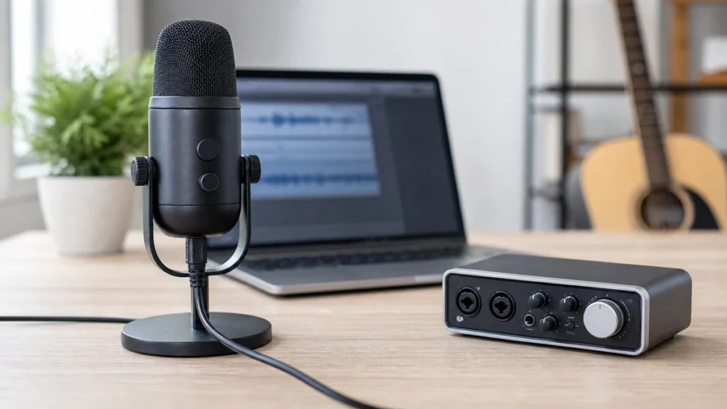 Generic USB microphone connected to a laptop beside a separate audio interface on a home recording desk