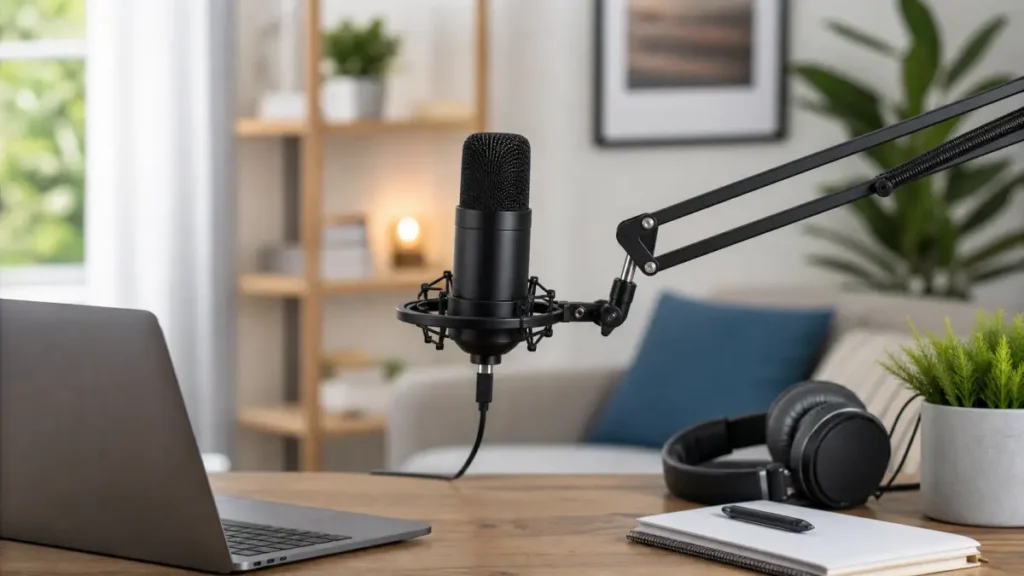 Generic USB microphone on a desk boom arm beside headphones in a small home recording setup