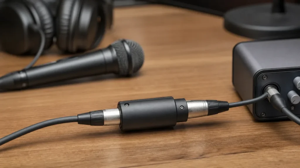 Generic inline XLR gain booster between a dynamic microphone and audio interface in a home vocal setup