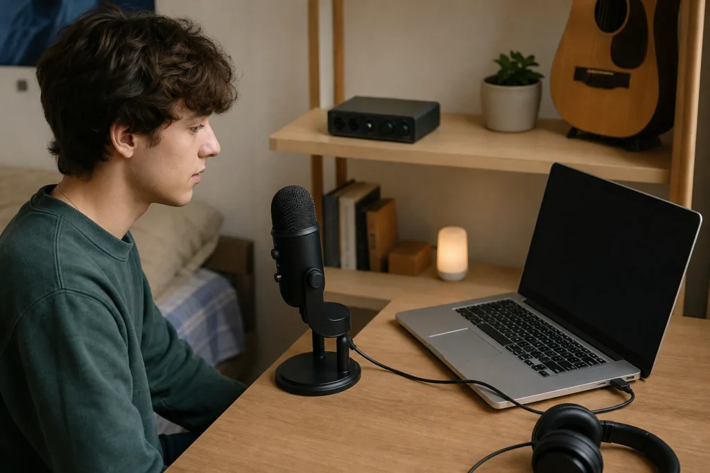USB microphone connected directly to a laptop with an unused audio interface in the background.