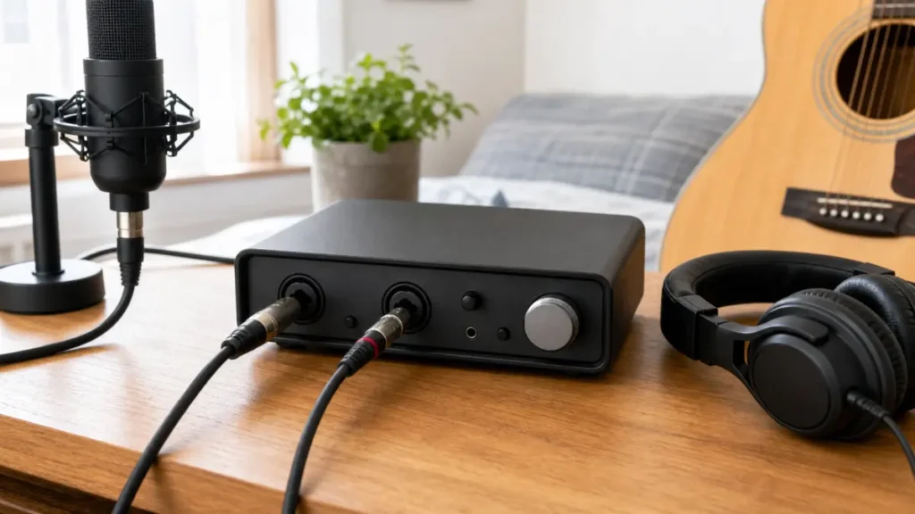 Two-input audio interface connected to a vocal microphone and guitar cable for a beginner recording setup