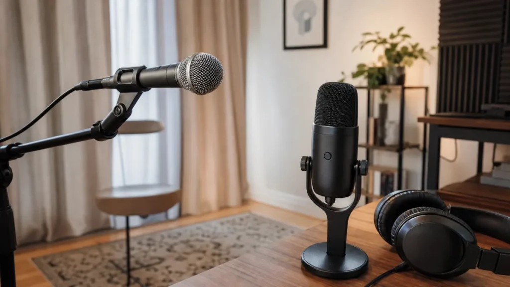 Generic apartment vocal setup comparing a dynamic microphone with a USB condenser microphone