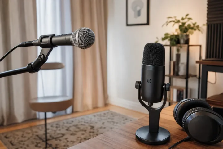 Generic apartment vocal setup comparing a dynamic microphone with a USB condenser microphone