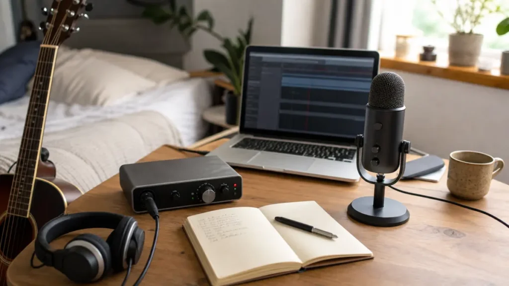 Singer-songwriter desk with an entry audio interface, USB mic, guitar and headphones