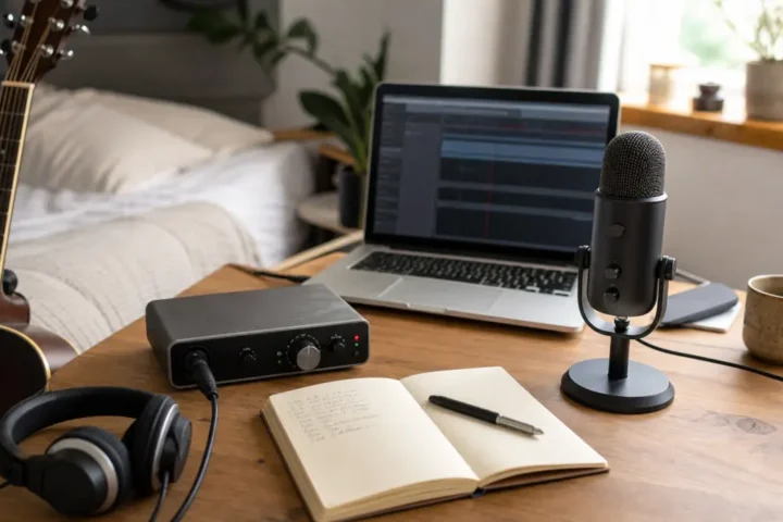 Singer-songwriter desk with an entry audio interface, USB mic, guitar and headphones