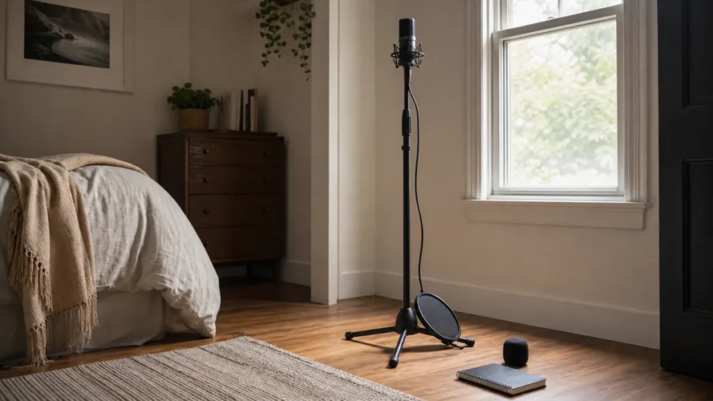 Generic vocal microphone with several pop filter options on a bedroom recording desk