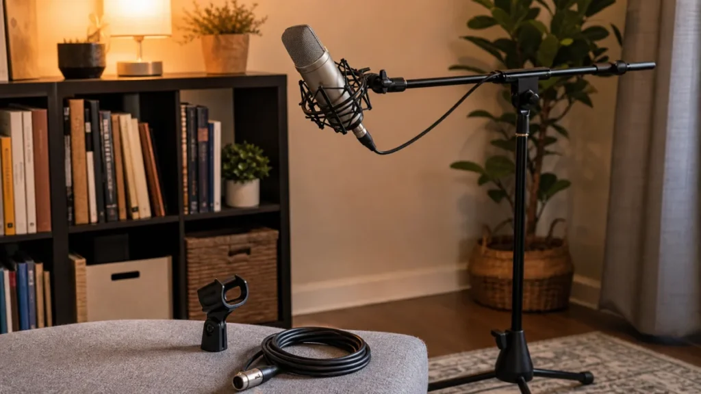 Generic condenser microphone in a shock mount with pop filter on a home recording desk