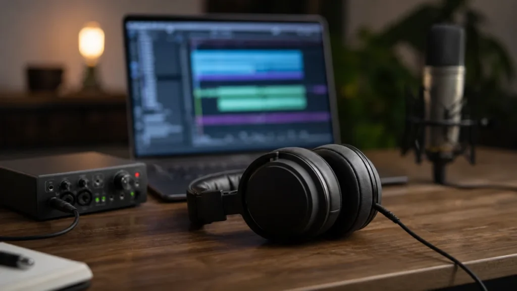Generic closed-back headphones on a home studio desk with a blurred audio session and vocal microphone