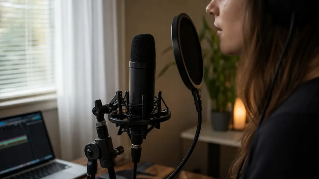 Singer positioned behind a pop filter at a practical distance from a generic vocal microphone