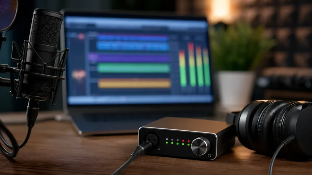 Generic home vocal recording setup with microphone audio interface headphones and blurred level meters
