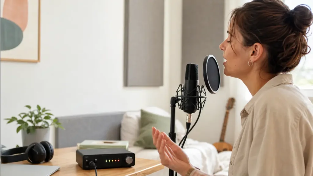 Vocalist checking audio interface input level while recording vocals at home to avoid clipping