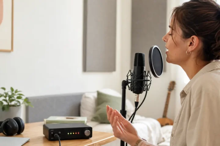 Vocalist checking audio interface input level while recording vocals at home to avoid clipping