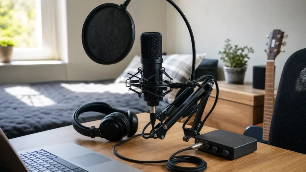 Beginner vocal recording kit parts with generic microphone interface headphones stand pop filter and cable on a home studio desk