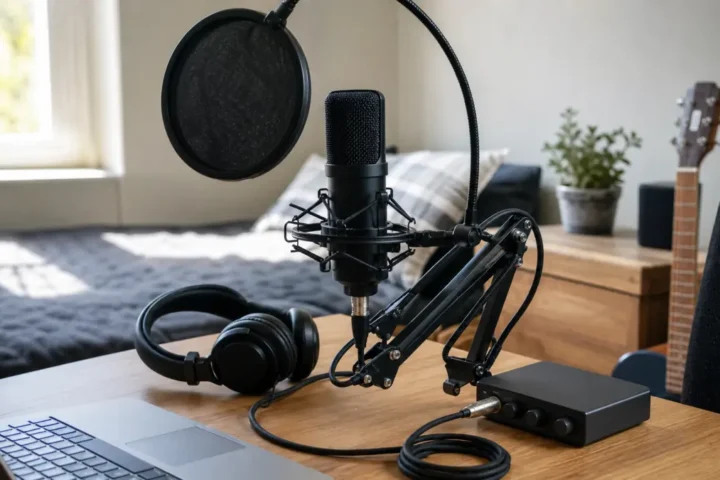 Beginner vocal recording kit parts with generic microphone interface headphones stand pop filter and cable on a home studio desk