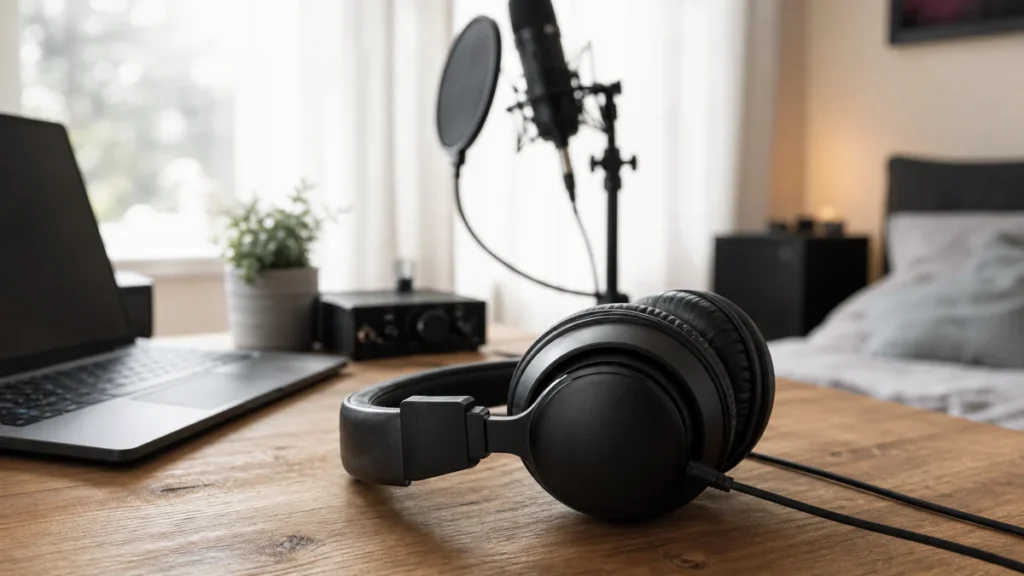 Closed-back headphones on a small home vocal recording desk with a microphone and laptop in the background