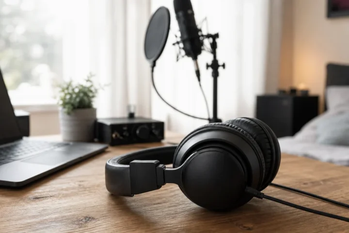 Closed-back headphones on a small home vocal recording desk with a microphone and laptop in the background