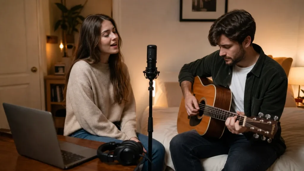 One microphone positioned between singer and acoustic guitar for a home recording demo