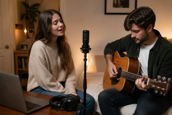 One microphone positioned between singer and acoustic guitar for a home recording demo