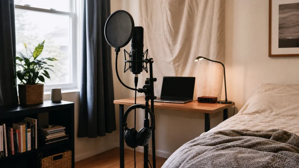 Small bedroom vocal recording setup with generic microphone pop filter headphones laptop curtains and soft bedding