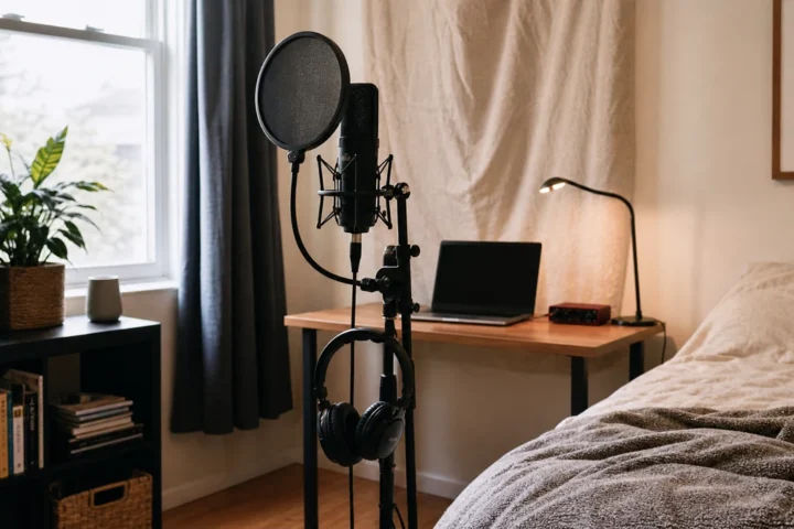 Small bedroom vocal recording setup with generic microphone pop filter headphones laptop curtains and soft bedding