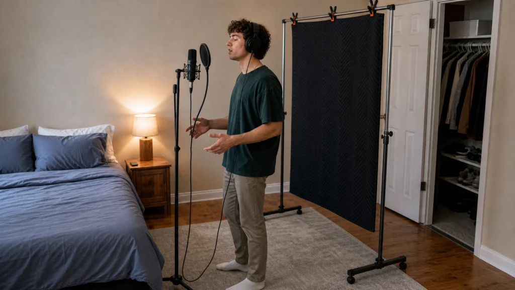 Vocalist recording in a bedroom with a moving blanket securely hung behind them.