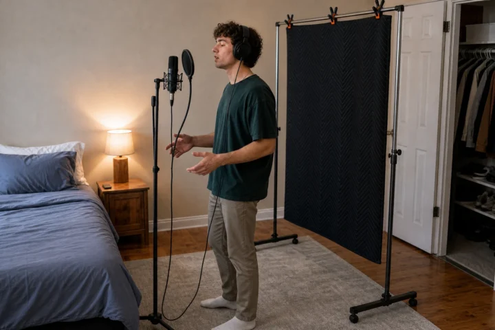 Vocalist recording in a bedroom with a moving blanket securely hung behind them.