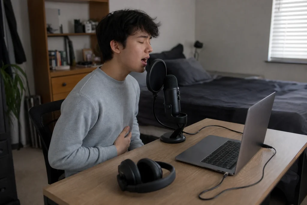 Beginner recording vocals at home with a USB microphone connected directly to a laptop.