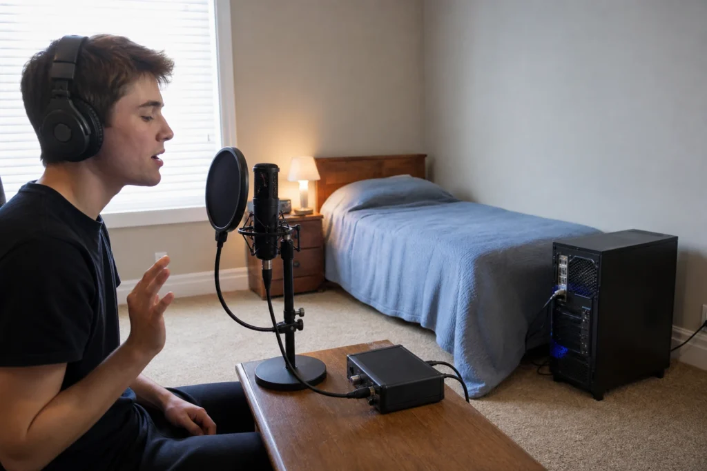 Home vocalist recording with the computer tower placed away from the microphone to reduce fan noise.
