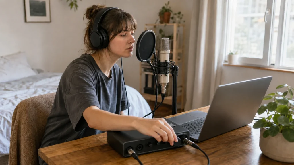 Beginner vocalist turning the headphone level on an audio interface while recording at home.
