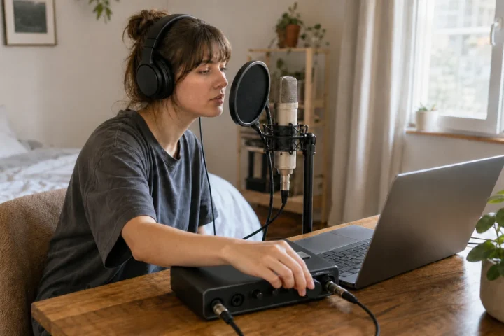 Beginner vocalist turning the headphone level on an audio interface while recording at home.