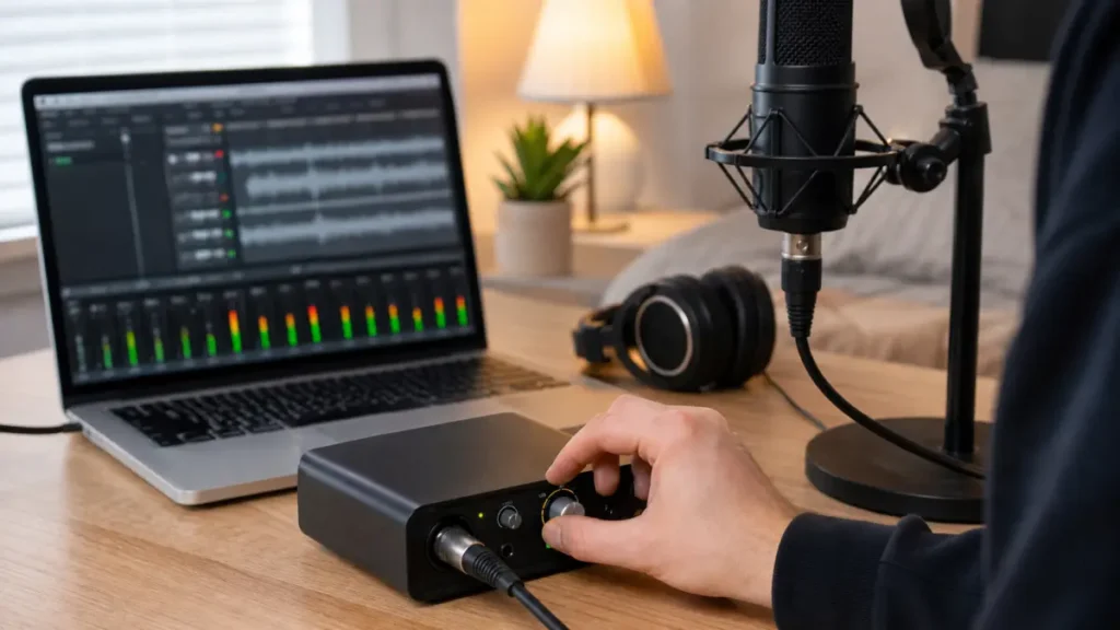 Hand adjusting gain on a generic audio interface while recording vocals at a home desk