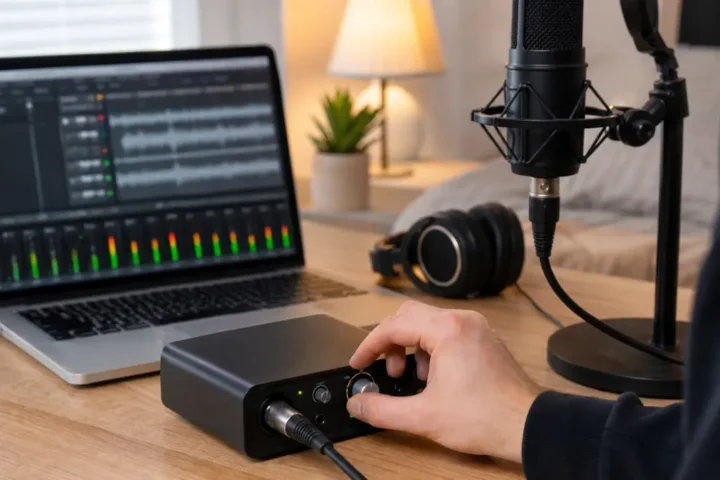 Hand adjusting gain on a generic audio interface while recording vocals at a home desk
