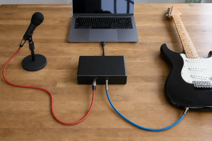 Microphone XLR and guitar instrument cables connected to separate inputs on a two-input audio interface.