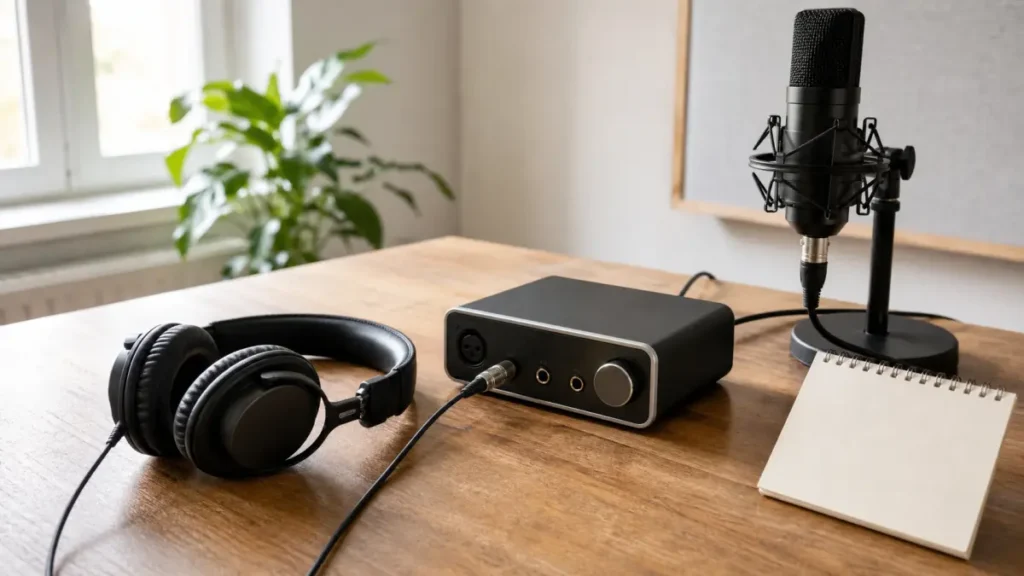 Headphones connected to an audio interface beside a vocal microphone for direct monitoring