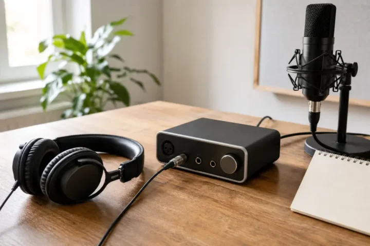 Headphones connected to an audio interface beside a vocal microphone for direct monitoring