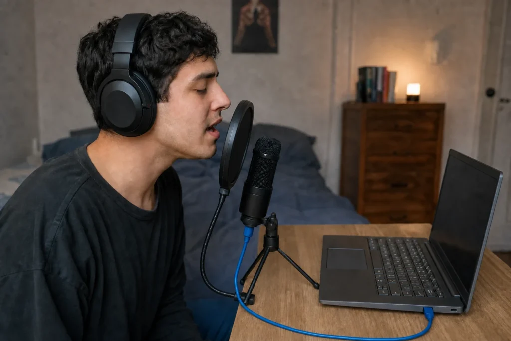 Home vocalist using a USB microphone connected directly to a laptop with a pop filter.