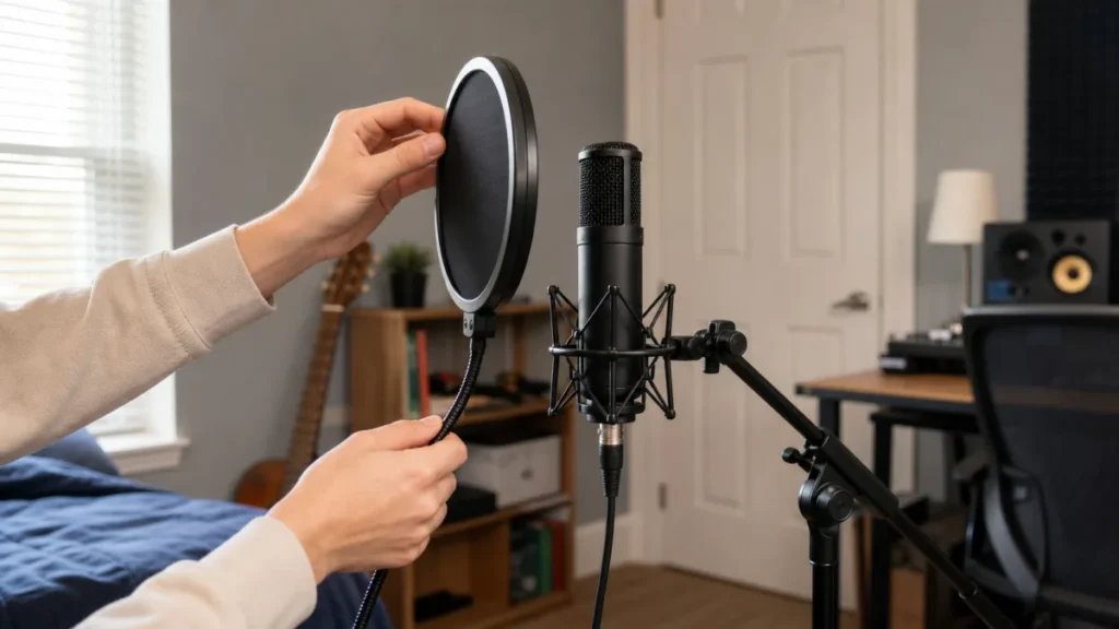 Hands adjusting a pop filter in front of a generic vocal microphone in a home recording room