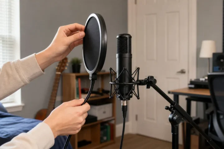 Hands adjusting a pop filter in front of a generic vocal microphone in a home recording room