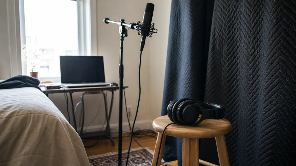 Generic closed-back headphones beside a vocal microphone in a small bedroom recording setup