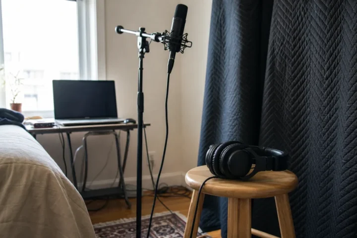 Generic closed-back headphones beside a vocal microphone in a small bedroom recording setup