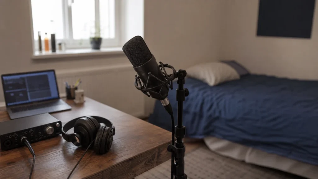 Generic vocal microphone with interface and closed-back headphones in a small bedroom recording setup