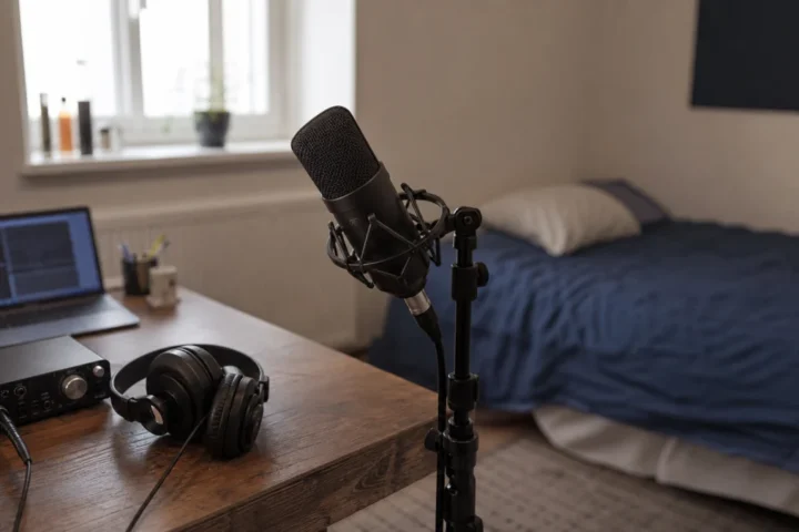 Generic vocal microphone with interface and closed-back headphones in a small bedroom recording setup