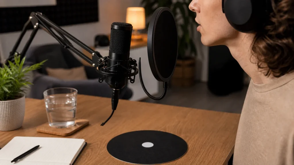 Home vocal recording setup with generic microphone pop filter water glass and notebook for reducing mouth clicks